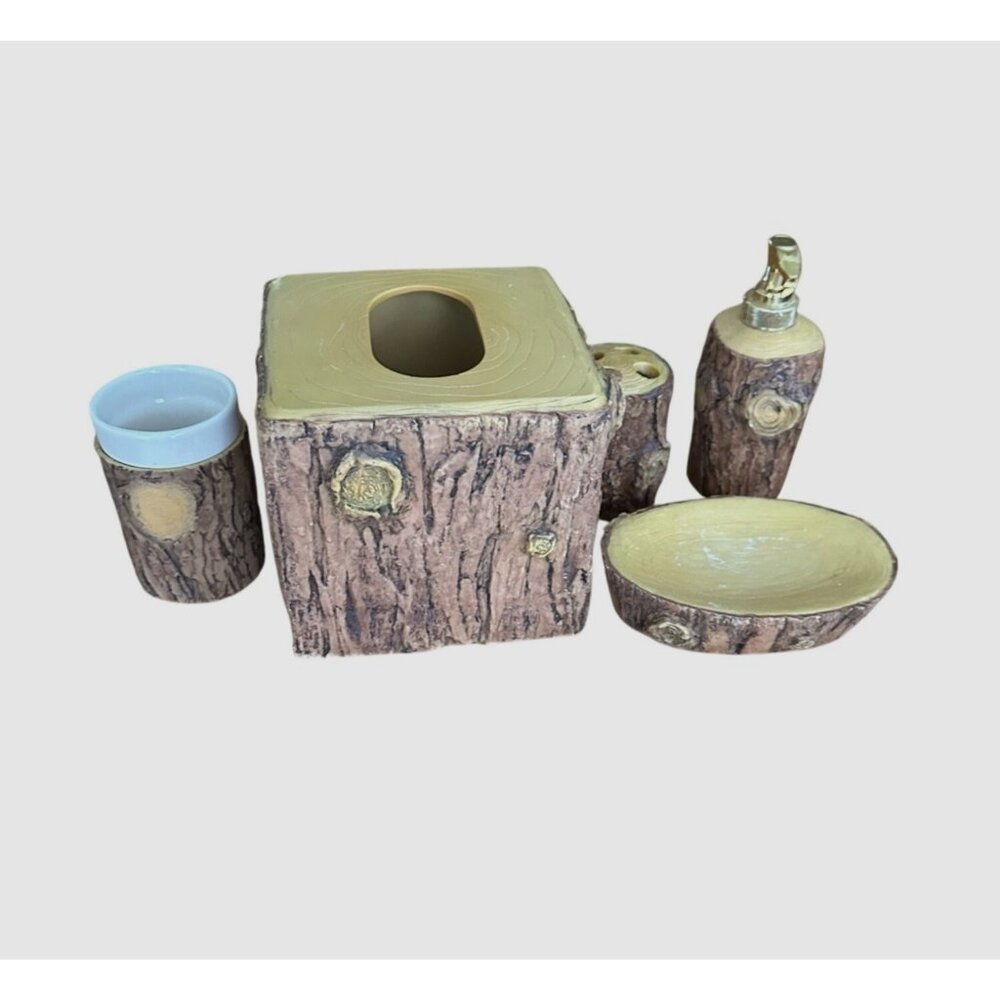 Rustic TreeBark BathroomSet - Soap Dispenser Toothbrush Holder Tumbler TissueBox